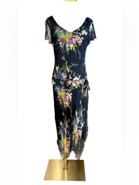 90s Fairy Dress Silk Black Floral Whimsigoth Sheer Chiffon Vintage Prom Y2K